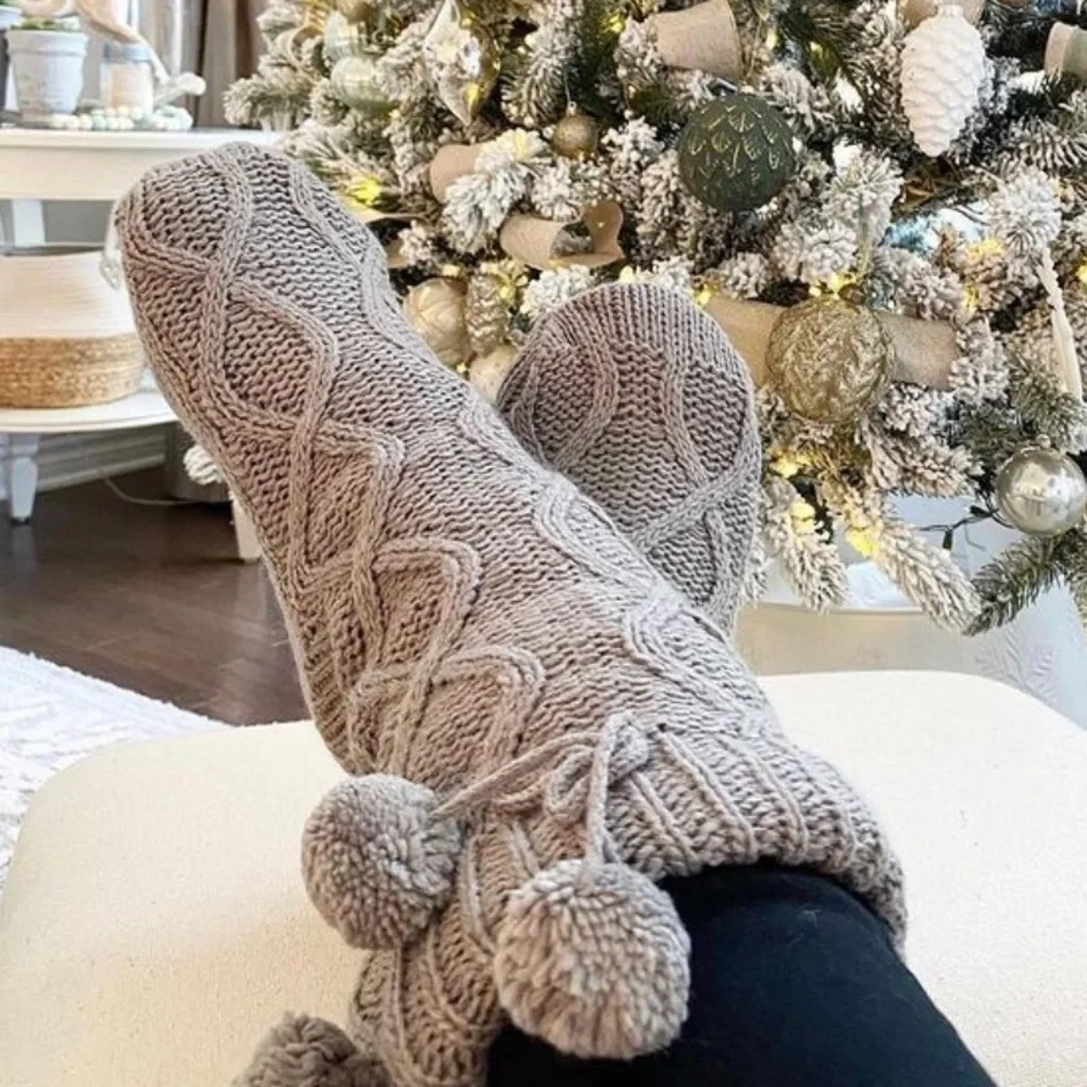 Muk Luks Gray Pom Pom Cabin Socks